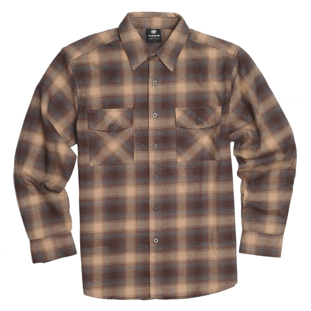 YAGO Brown and Tan Plaid Casual Button Down Shirt